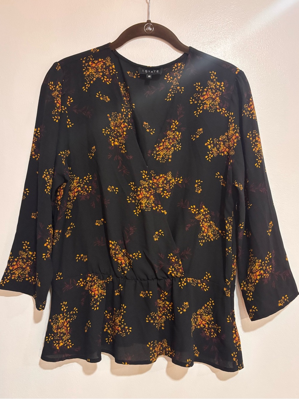 1.STATE faux-wrap and peplum blouses- mustard and wine floral print Size M